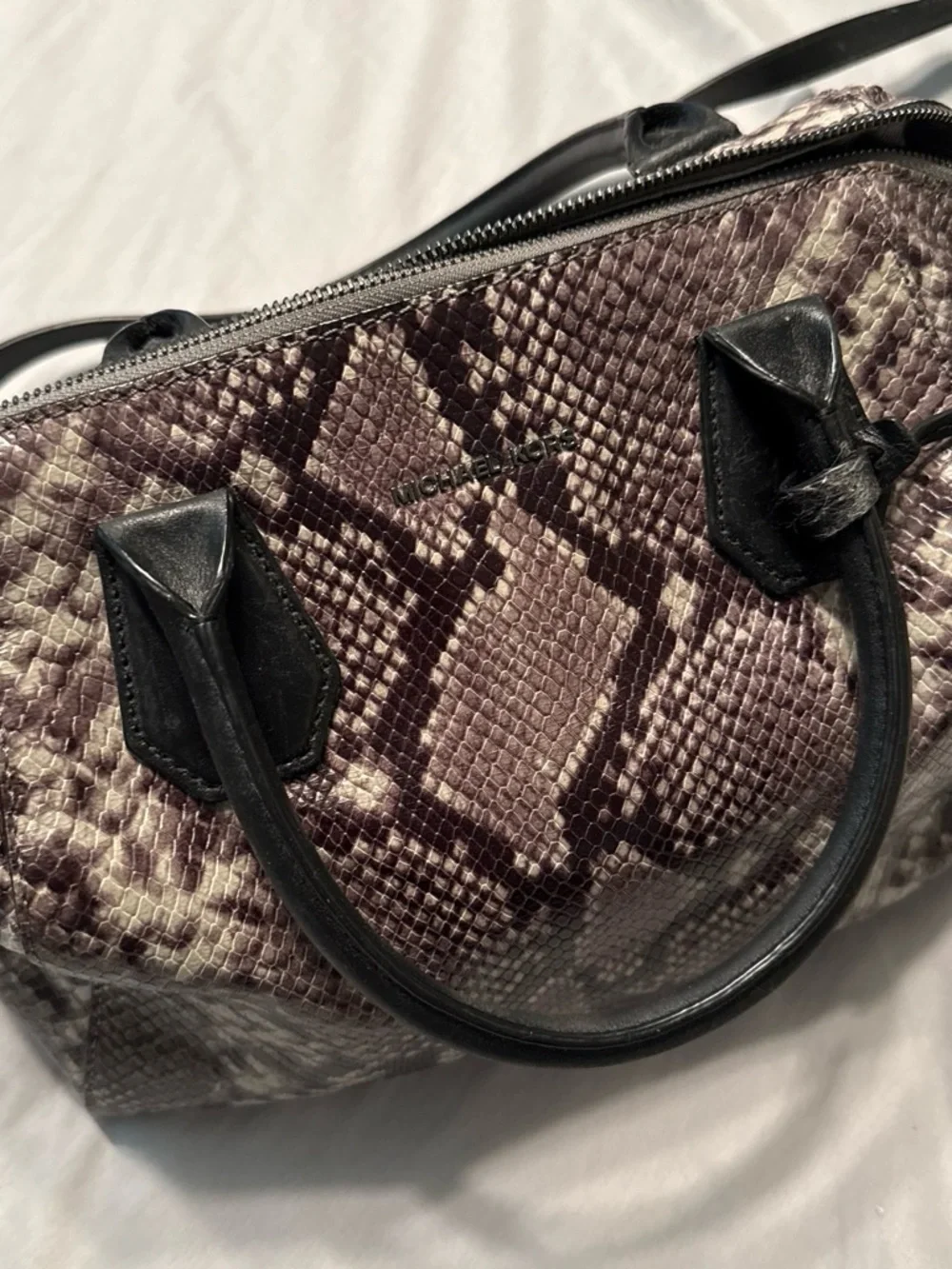 Michael Kors Python-Effect Satchel in Taupe and Black